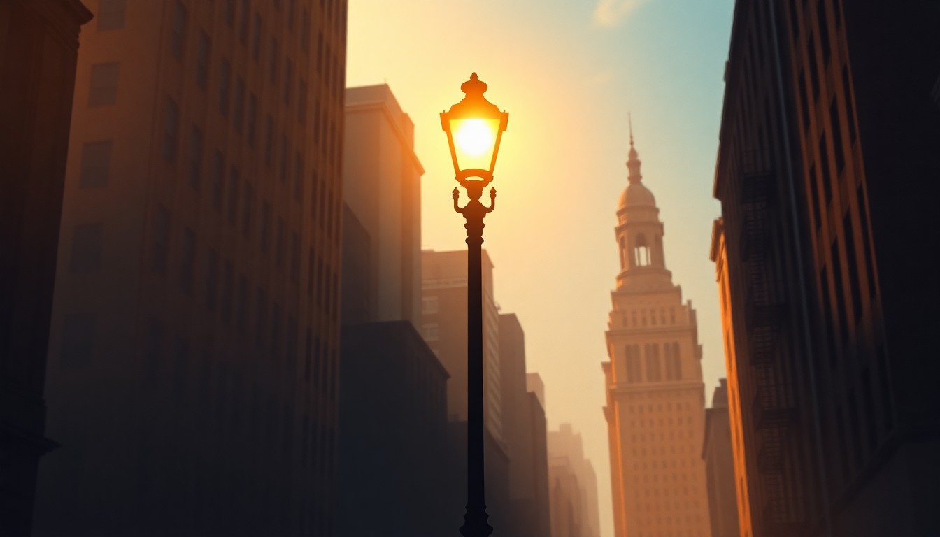 A photorealistic painting of a lone New York City street lamp post on a quiet urban street, with warm sunlight casting deep shadows and a sense of melancholy nostalgia, conceptually representing the political tensions between state and federal government.