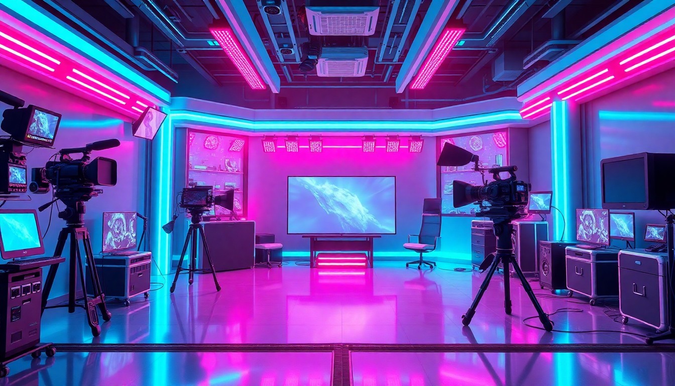 A highly detailed, glowing 3D illustration of a futuristic film production studio, with neon cyan and magenta lights illuminating the various technological elements like cameras, lighting rigs, and virtual sets, conveying a sense of innovation and creativity in the use of advanced AI and digital tools for filmmaking.