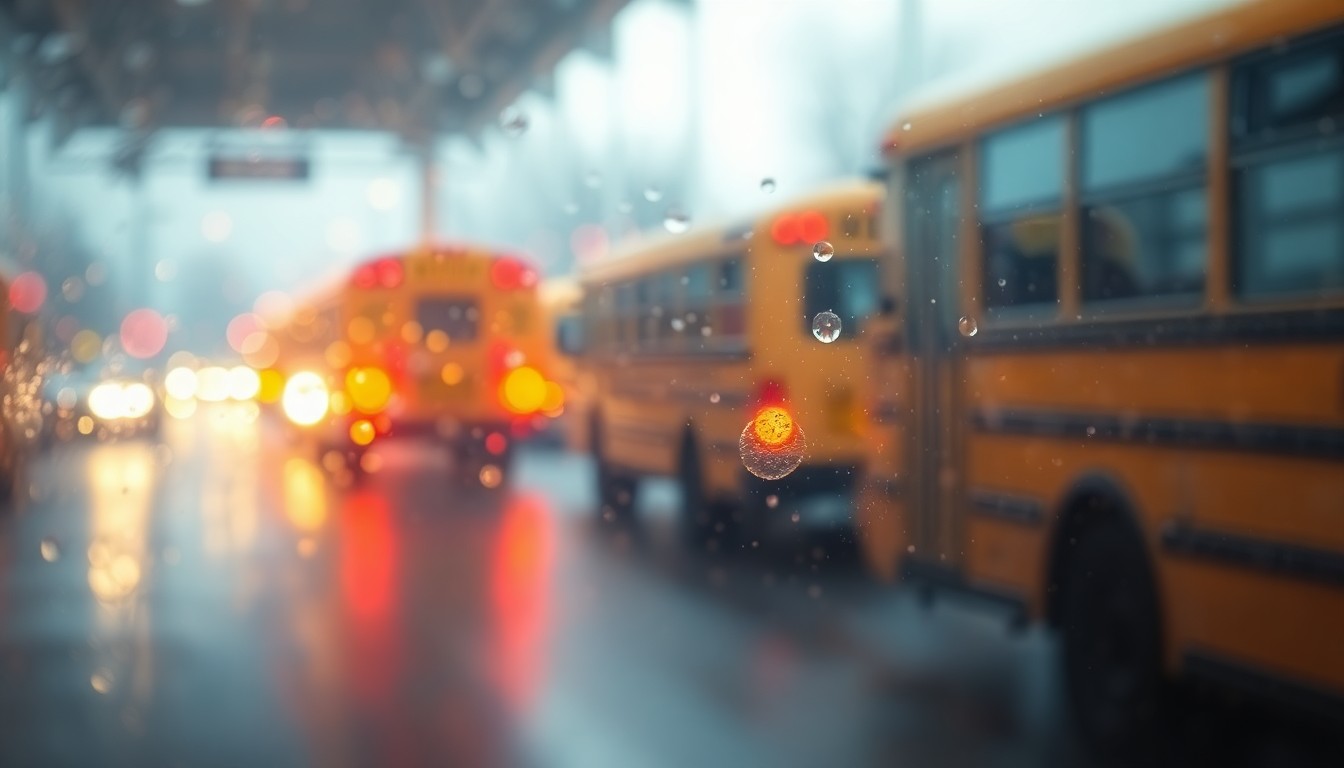 An abstract, impressionistic photograph of soft, blurred lights and colors, representing the concept of school transportation and student safety.