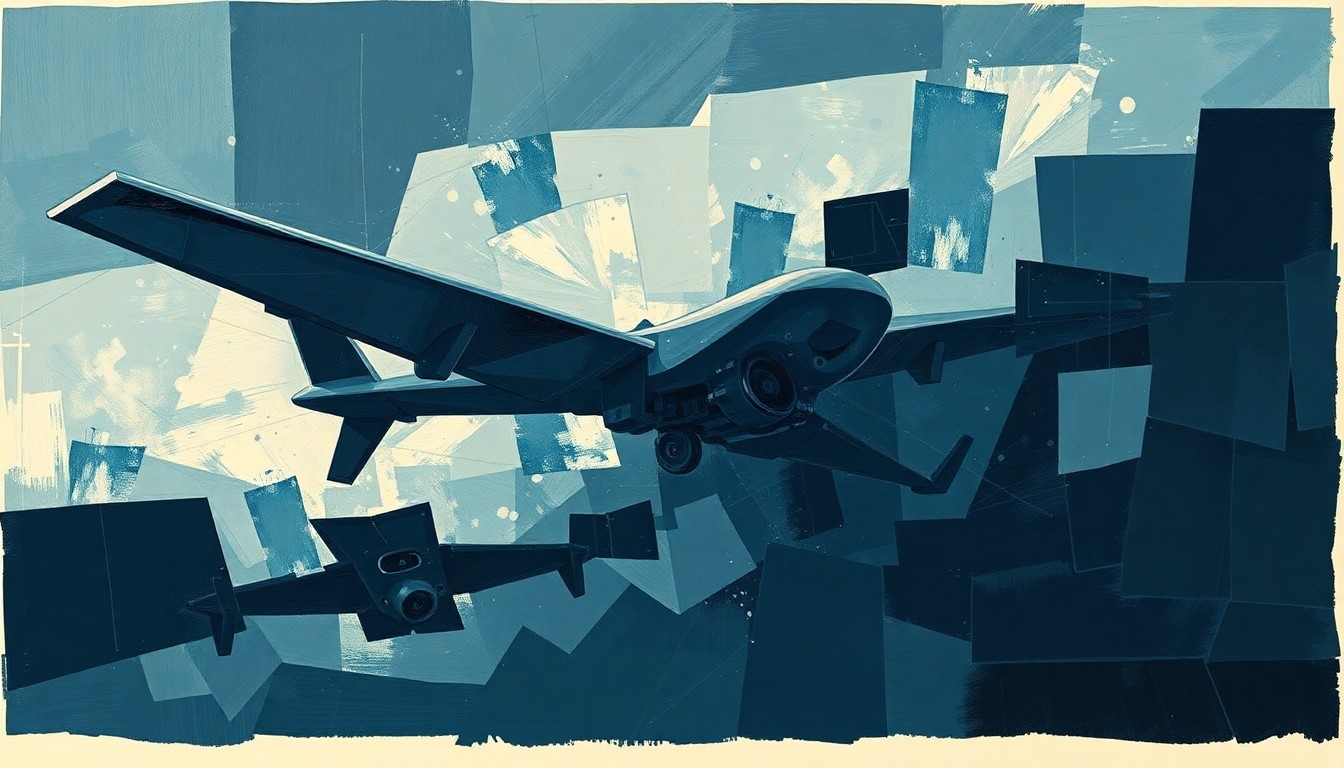 A dynamic, abstract painting of a fractured, geometric government surveillance drone or satellite in shades of dark blue, grey, and black, conveying the complex and contested nature of digital privacy and security.