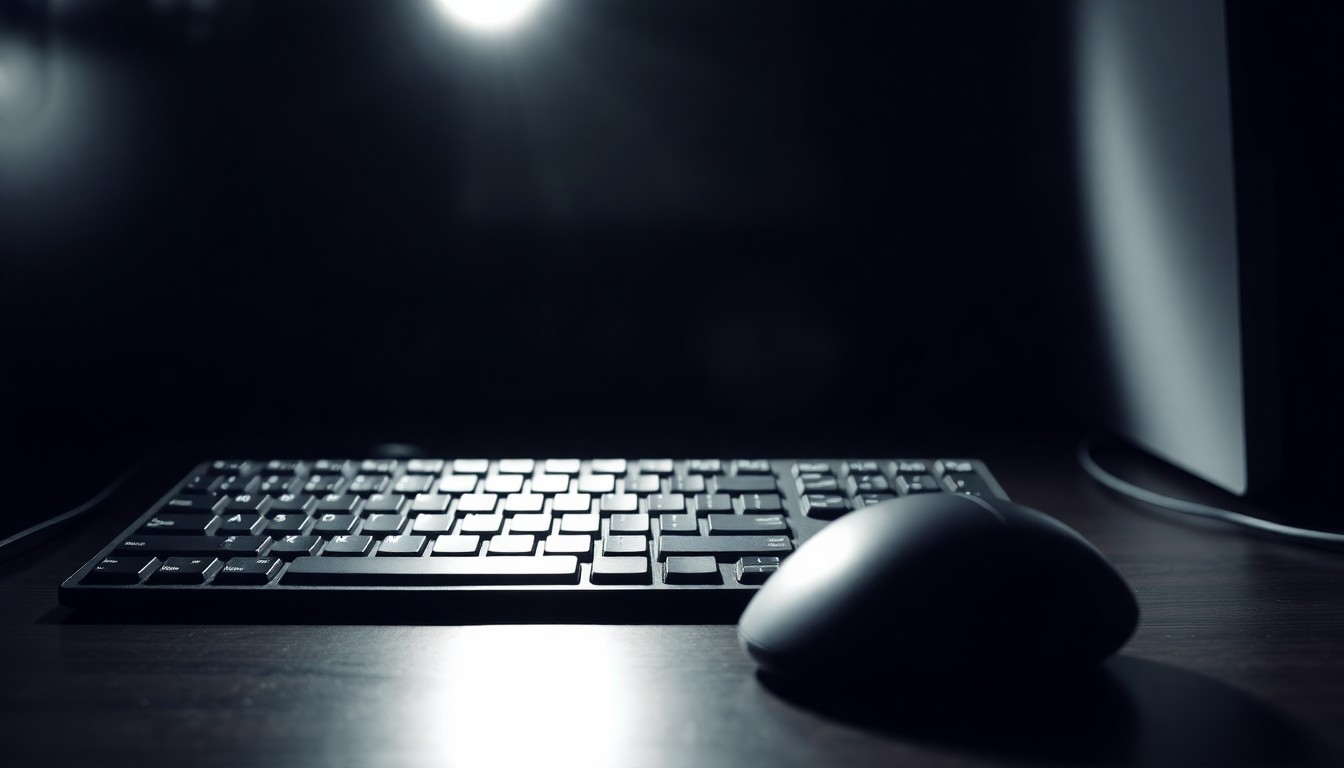An extreme close-up of a computer keyboard and mouse, the harsh lighting casting dramatic shadows and highlighting the textured surfaces, conceptually representing the digital tools used to facilitate terrorism.