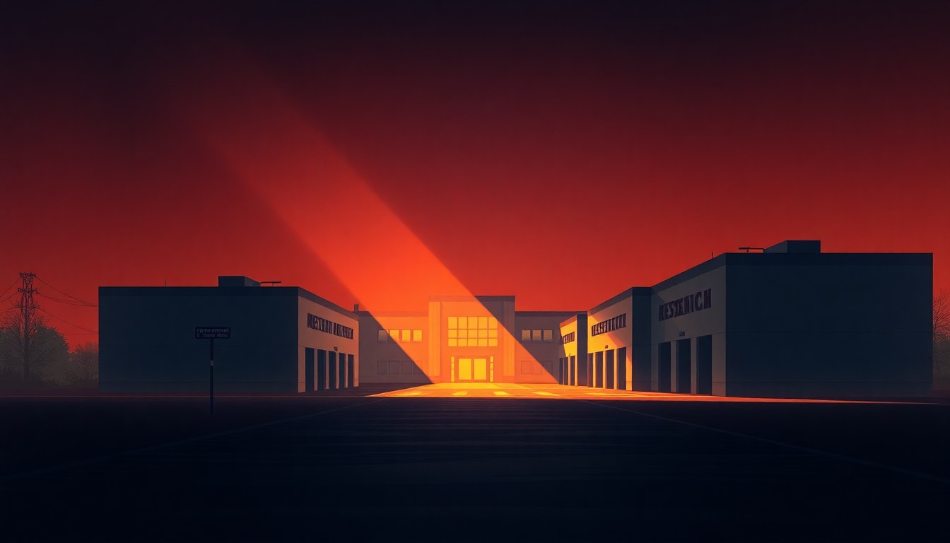 A photorealistic painting of a nondescript government research facility, its windows glowing with warm light against a backdrop of deep shadows, evoking a sense of unease and mystery surrounding the recent disappearances of scientists with high-level security clearances.