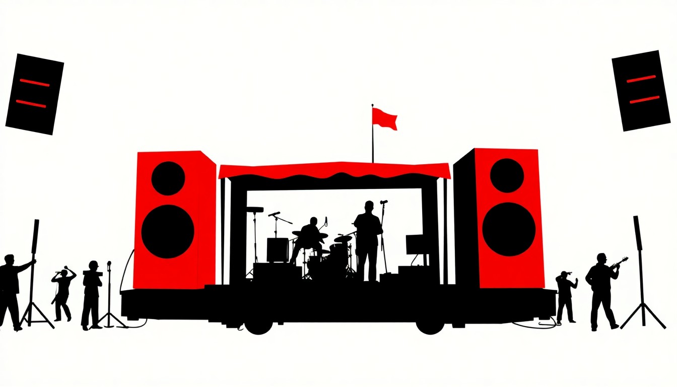 An abstract, minimalist illustration featuring bold, jagged shapes in red and black, representing a mobile stage and speakers broadcasting protest music to a crowd.