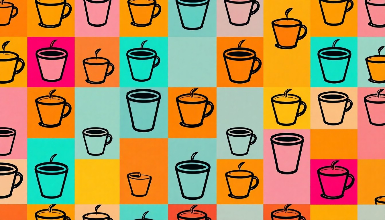 A highly stylized, silkscreen-inspired illustration featuring a repeated pattern of a simple coffee cup icon in a grid, rendered in a bold, neon color palette with heavy black outlines, conceptually representing the growth and popularity of a local coffee shop chain.