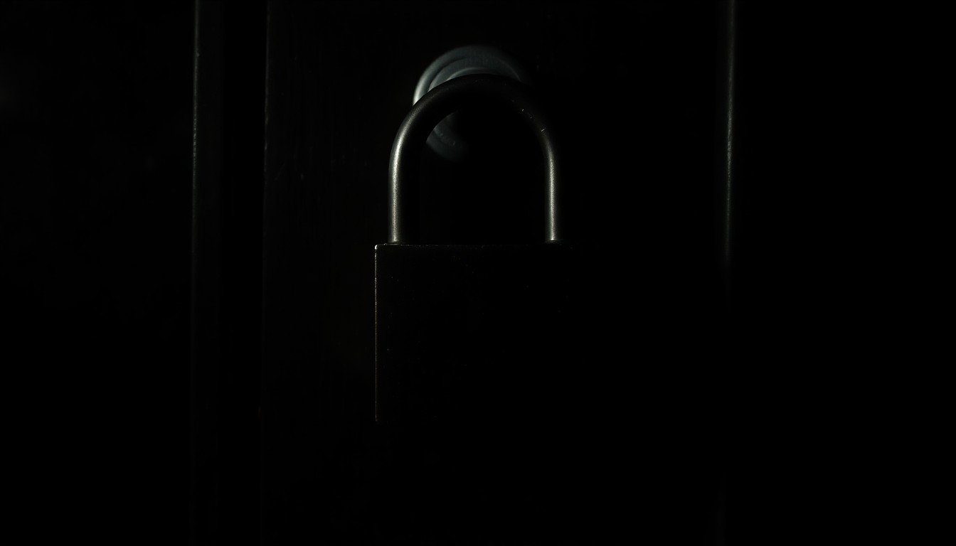 An extreme close-up photograph of a padlock on a metal door, the harsh flash illuminating the textured surface and creating dramatic shadows, conceptually representing the investigation into Rosemont's contracting decisions.