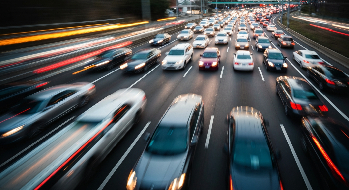 An abstract, colorful image depicting the motion blur of cars stuck in heavy traffic on 10 Mile Road, conveying the sense of congestion and disruption caused by the construction project.