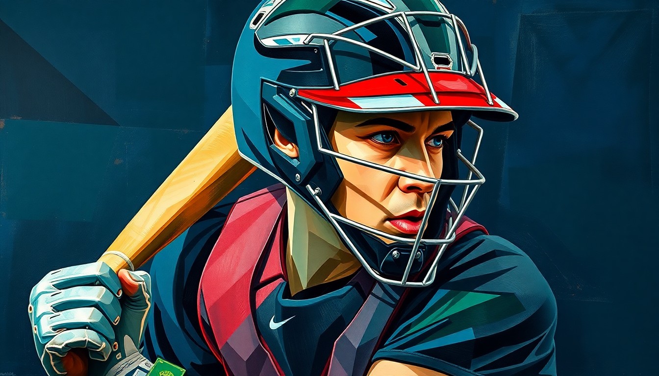 A fragmented, geometric painting depicting a baseball catcher in full gear, with sharp overlapping planes of navy, crimson, and green, conveying the complex recovery process for an injured player.