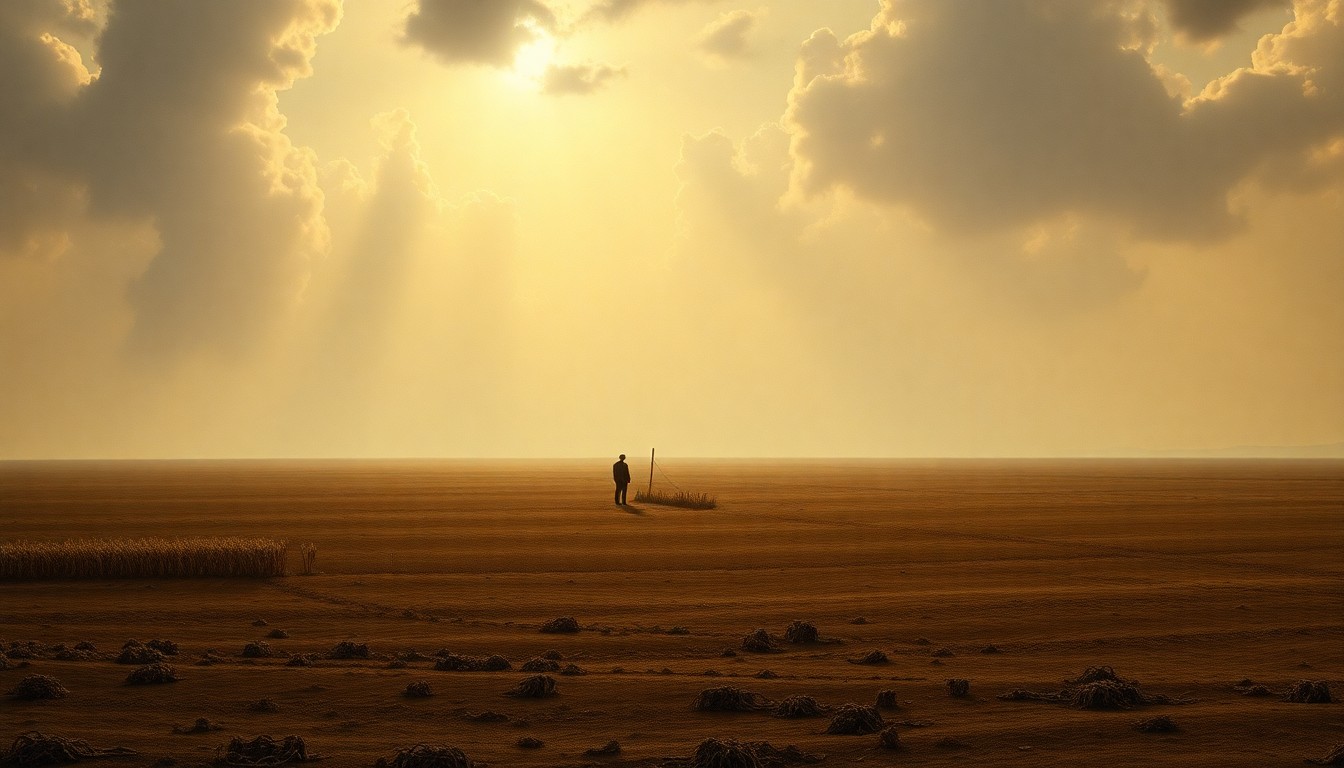 A sweeping, atmospheric landscape painting in muted tones of brown, yellow, and grey, depicting a vast, sun-baked field under a hazy, oppressive sky. A lone, small figure of a farmer stands in the foreground, surveying the withered crops, conveying a sense of melancholy and isolation in the face of the overwhelming natural forces.