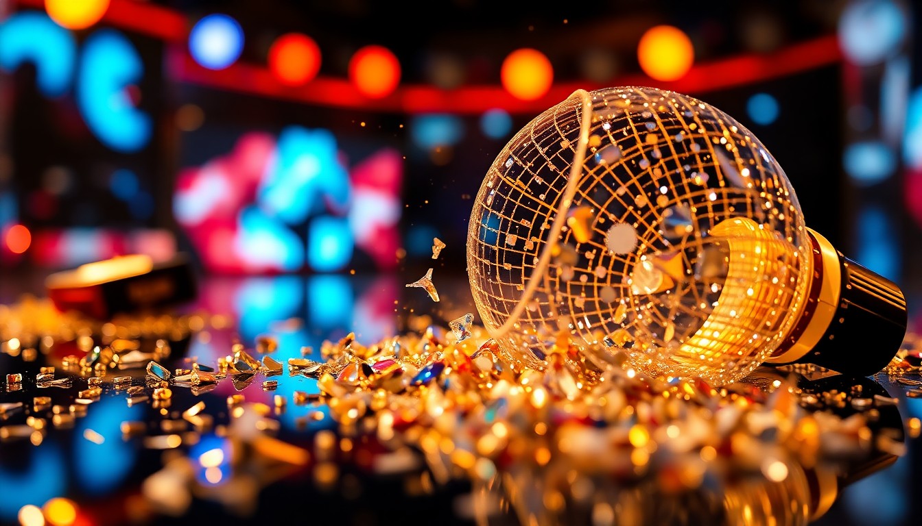 An extreme close-up photograph of sparkling sequins and shattered glass, creating a high-contrast, high-fashion texture that evokes the energy and glamour of a television news set.