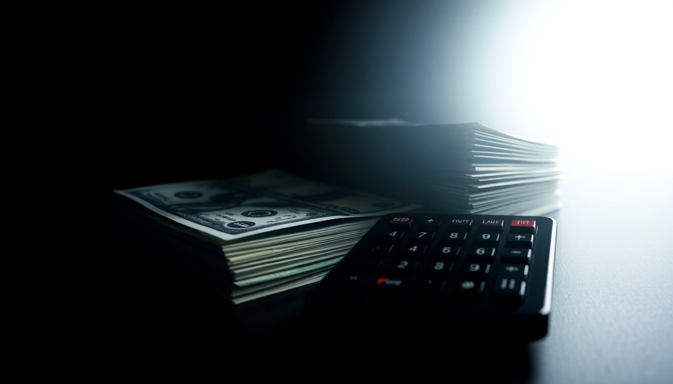 An extreme close-up of a stack of cash and a calculator, the harsh flash lighting creating a stark, gritty aesthetic that conceptually represents the serious financial misconduct uncovered in the New Britain revenue collector's office.