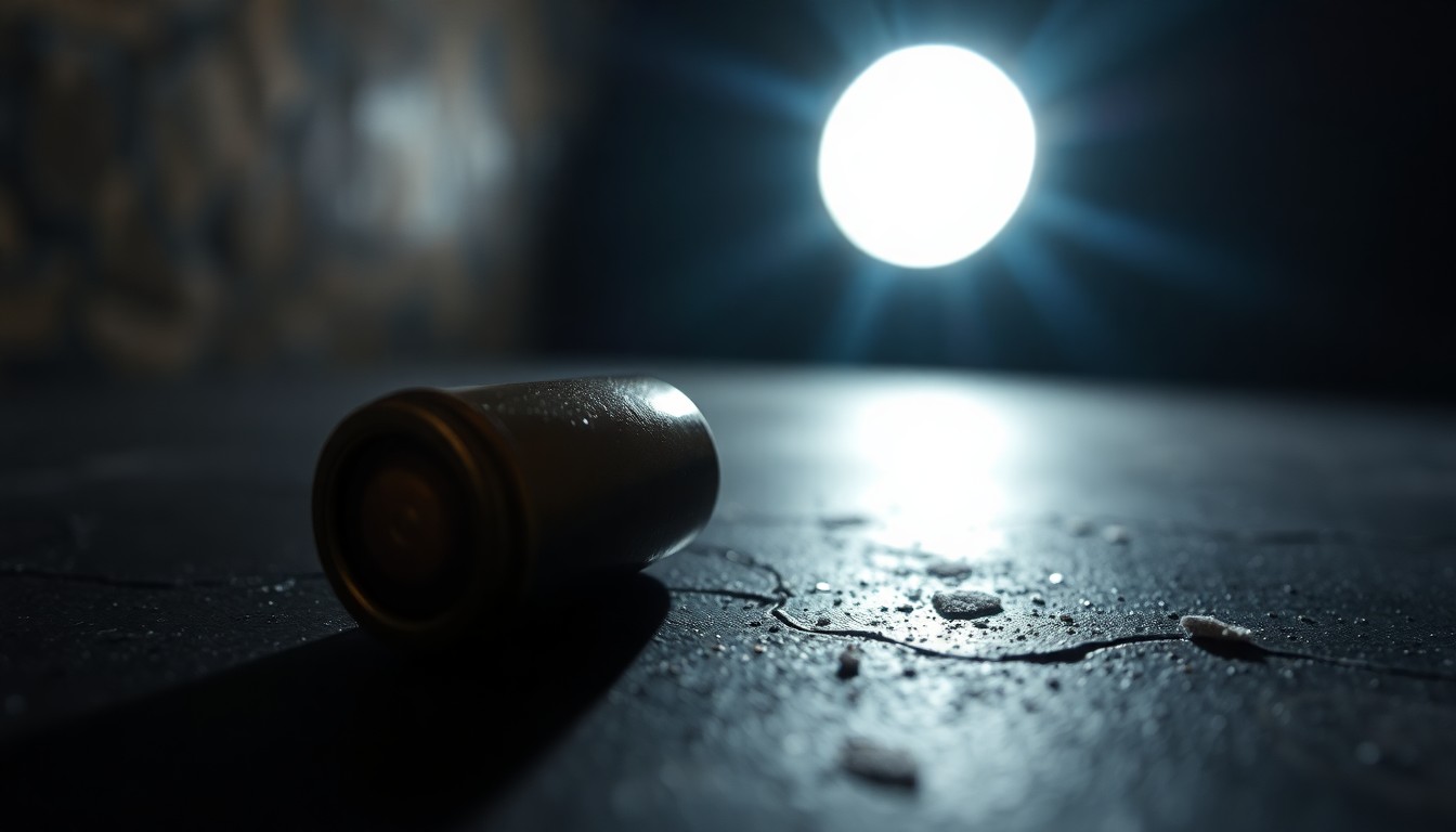 An extreme close-up photograph of a single spent shell casing on a dark surface, lit by a harsh camera flash, conceptually illustrating the aftermath of a fatal shooting.