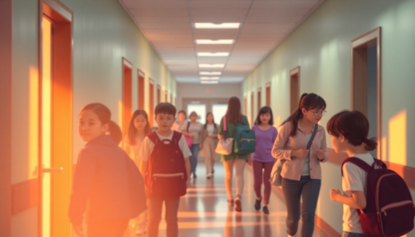 An abstract, impressionistic scene of blurred figures moving through a softly lit school hallway, conveying a sense of connection and community.
