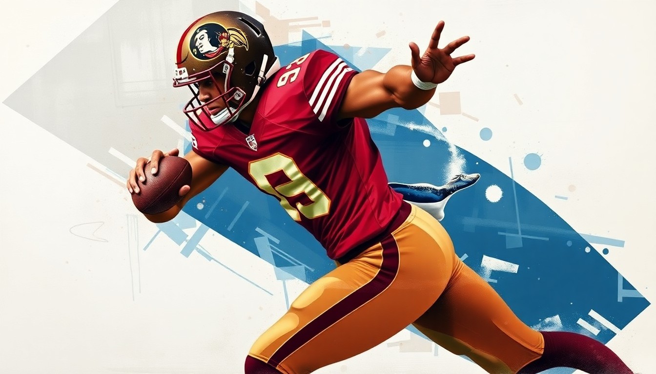 A fractured, multi-perspective painting depicting a Florida State football player in mid-motion, with sharp, overlapping geometric planes in a palette of garnet red, gold, and navy blue, capturing the dynamic energy and versatility of the player.