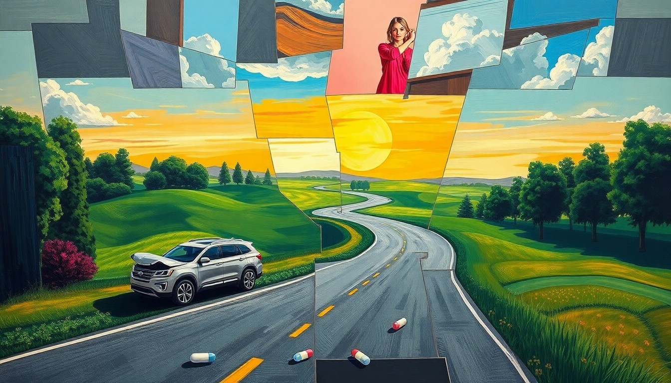 A fragmented, geometric painting depicting a crashed SUV on a winding road, with scattered pill bottles in the foreground, conceptually representing the legal complexities around accessing a celebrity's private medical information.