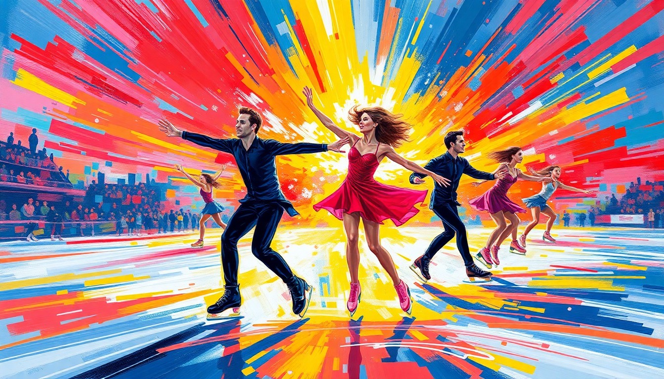 A dynamic, neon-colored painting depicting the fluid, expressive movements of figure skaters performing on ice, with their faces and identities obscured in a blur of vibrant brushstrokes.