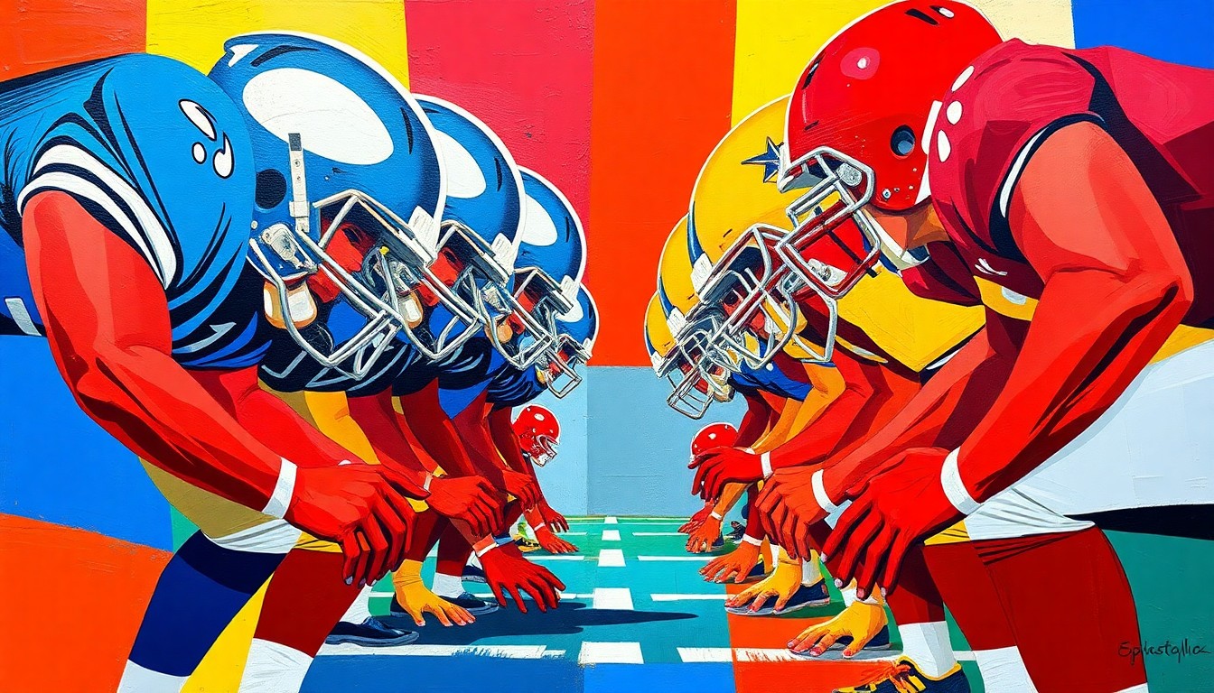 A fragmented, geometric painting depicting an offensive line in sharp, overlapping planes of blue, yellow, and red, conveying the Chargers' focus on reconstructing their front five.