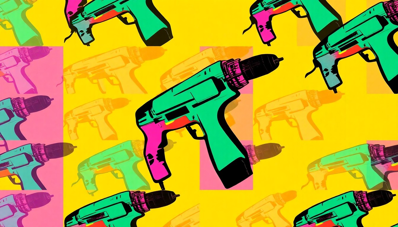 A bold, colorful silkscreen-style illustration featuring a power drill repeated in a grid pattern, representing the diverse home improvement products and services showcased at the Long Beach expo.