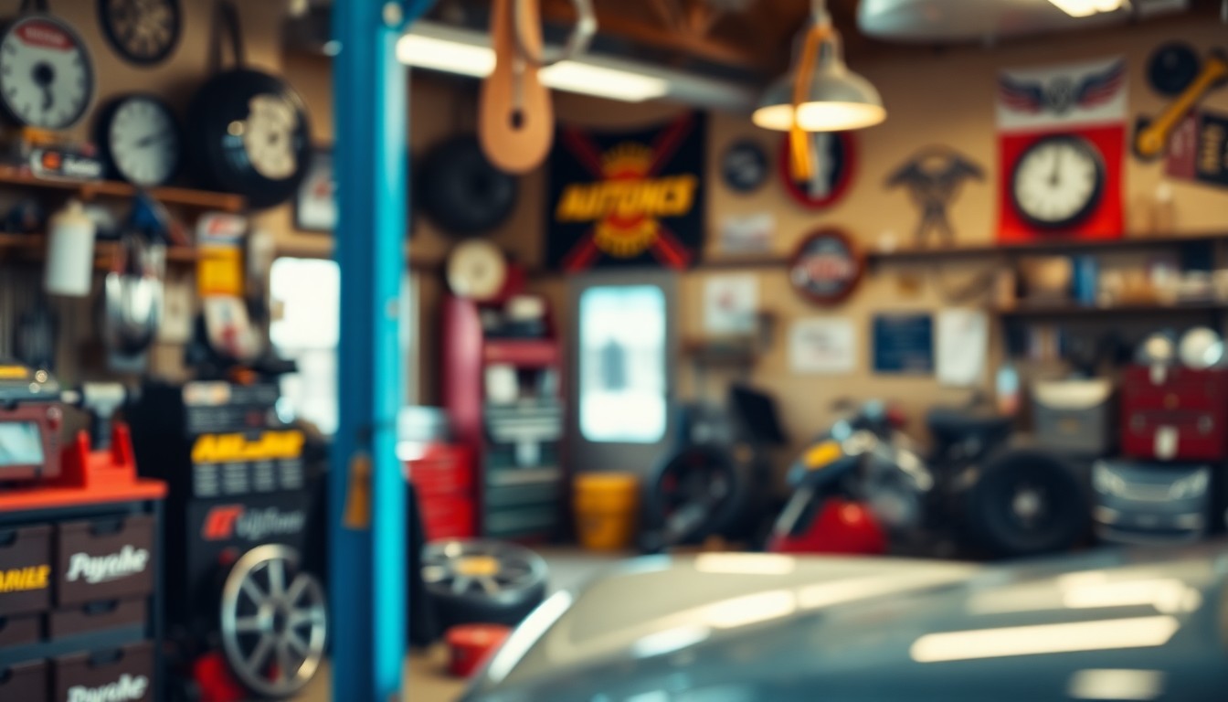 An abstract, impressionistic photograph in soft, warm tones depicting blurred automotive tools and racing memorabilia, conveying the quiet, reflective mood of a small-town auto shop.