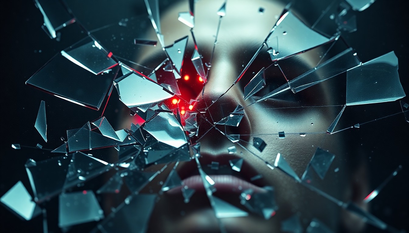 An abstract, high-contrast close-up photograph of shattered glass and twisted metal, evoking a sense of chaos and personal turmoil through the use of dramatic lighting and extreme textures.