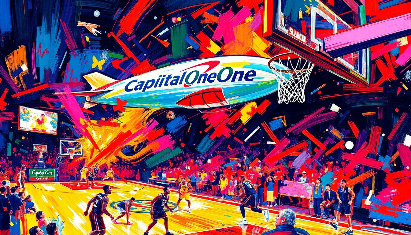 An abstract expressionist painting in neon colors depicting a basketball game in motion, with a floating blimp in the background representing Capital One's promotional campaign.