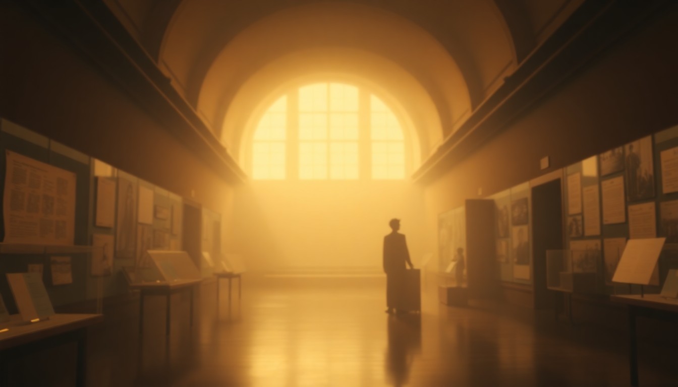 A blurred, impressionistic photograph showing the faint outlines of historical documents and artifacts on display in a dimly lit museum gallery, conveying a sense of reverence and contemplation around the nation's founding ideals.