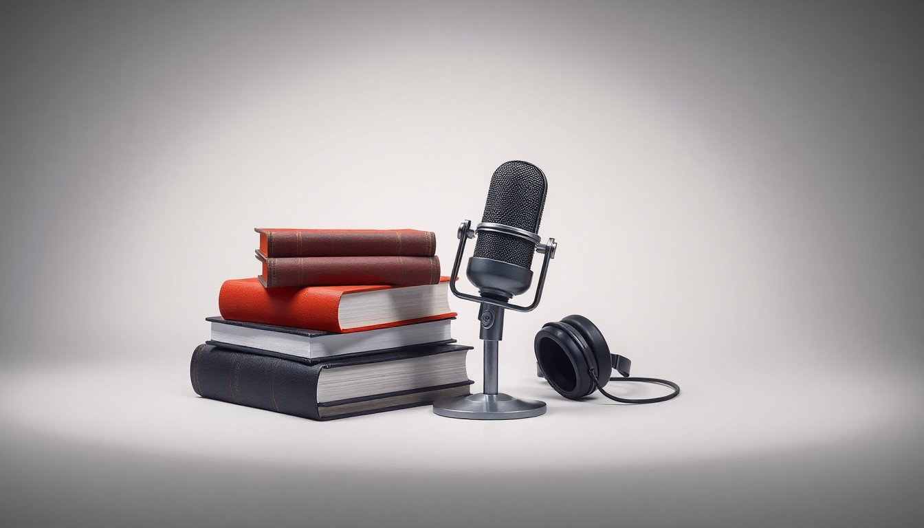 A high-end studio still life photograph featuring a stack of hardcover books, a vintage microphone, and a pair of headphones arranged elegantly on a clean, monochromatic background, symbolizing the core tools of public radio journalism.