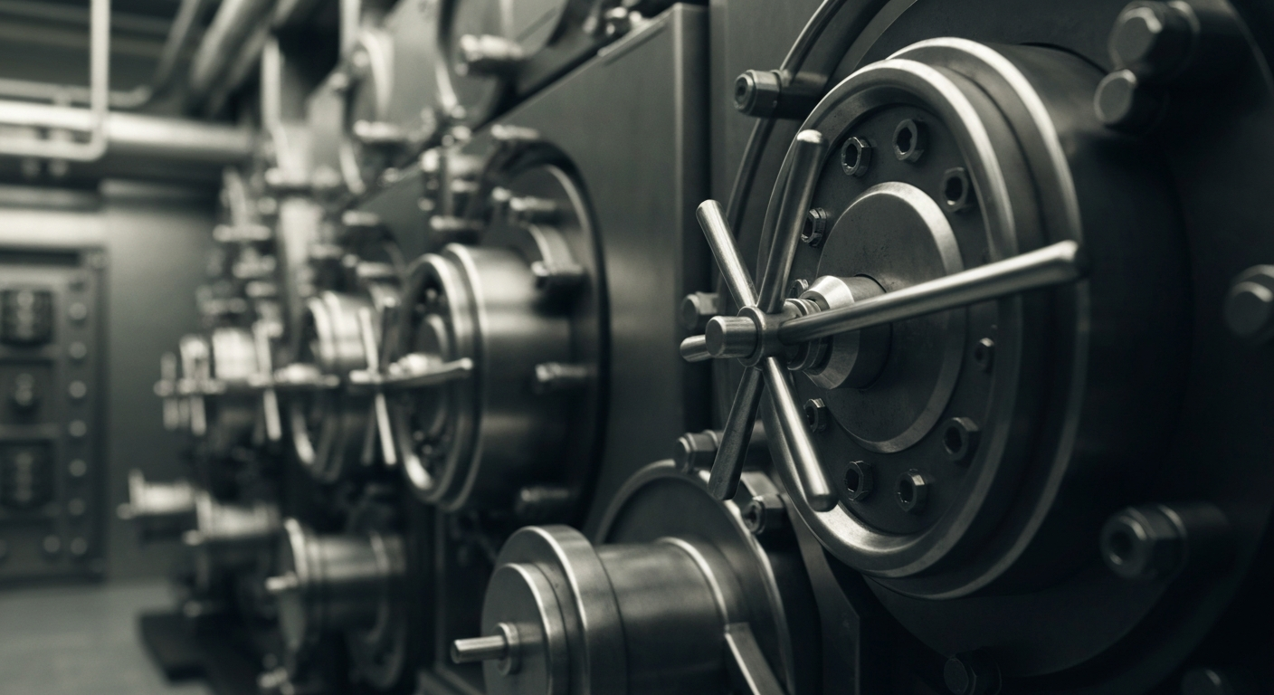 An extreme close-up of gleaming, industrial-scale banking equipment and vaults, conveying the tangible, institutional power of Alliant Energy's financial operations.