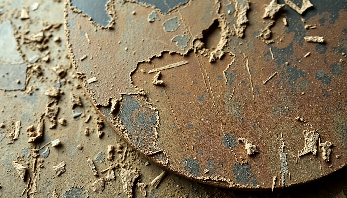 An abstract close-up image of a well-worn artist's palette in muted earth tones, conveying the accumulated weight and texture of a lifetime of creative work.
