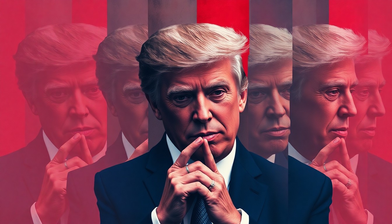 An abstract, fragmented painting in muted red, blue, and grey tones, depicting the overlapping, geometric shapes of a politician's head and hands, conveying the divisive and manipulative nature of AI-generated political imagery.