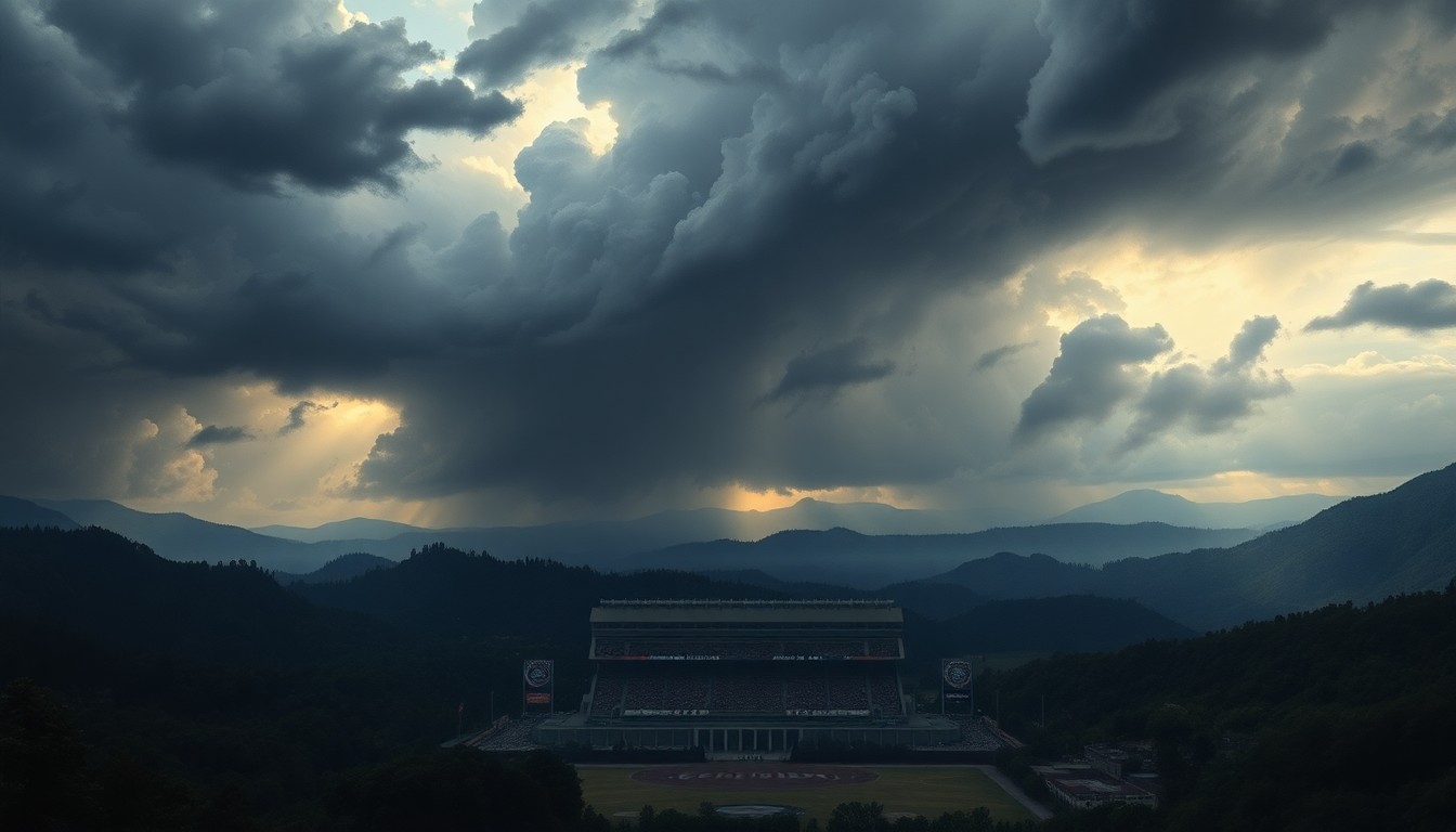 A vast, atmospheric landscape painting depicting an approaching storm system, with dark clouds and dramatic lighting overwhelming a small football stadium in the distance.