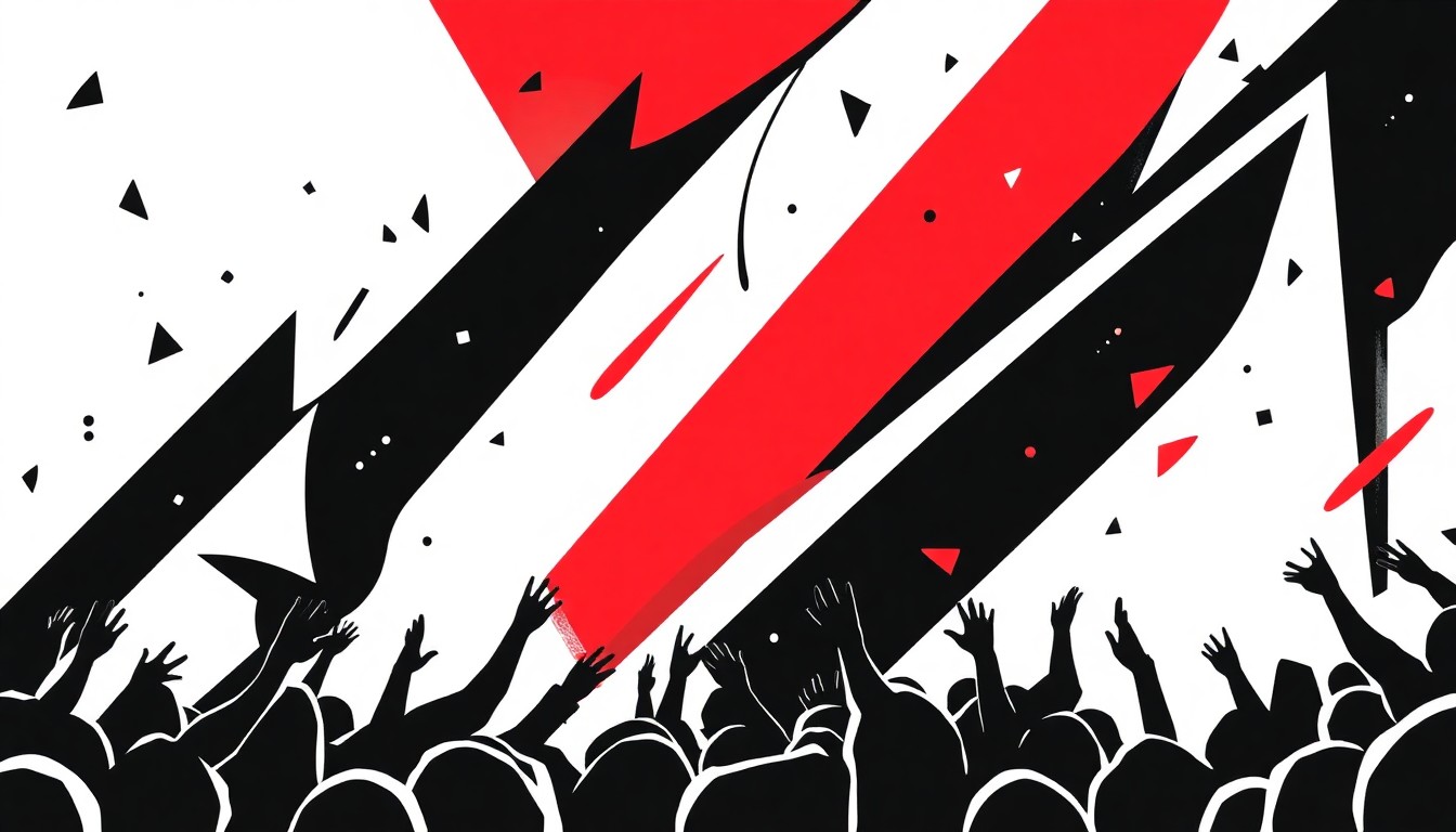 An abstract, minimalist illustration featuring sharp, angular shapes in black, white, and red, conveying the high-energy atmosphere of a live music festival.