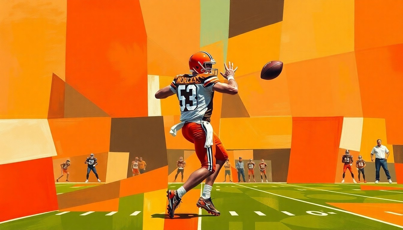 A cubist, geometric painting depicting a quarterback in motion, with the player's form fractured and abstracted into sharp, overlapping planes of orange and brown, conveying the dynamic and uncertain nature of the Browns' quarterback situation.