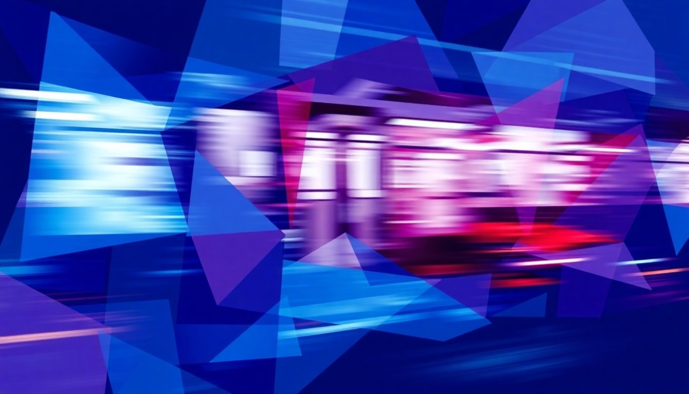 A dynamic, abstract painting of a speeding public transit vehicle, its form fractured and repeated in overlapping geometric waves of vibrant blue, purple, and red hues, conveying a sense of motion and uncertainty around the future of Baltimore's Red Line project.