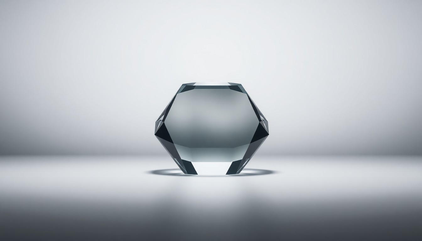 A high-end, photorealistic studio still-life photograph featuring a polished, geometric glass paperweight or sculpture resting on a clean, monochromatic background, with dramatic studio lighting casting deep shadows and highlighting the premium materials and clean lines of the object.