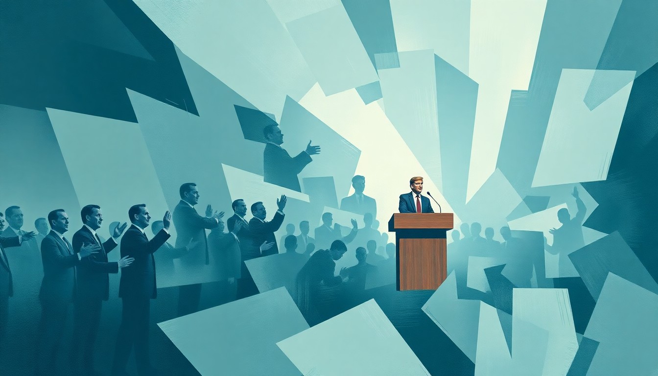 A dynamic, abstract painting of a politician's podium or lectern, repeated in overlapping, geometric waves of muted blue, grey, and green tones, conveying the frenetic energy of a political campaign.