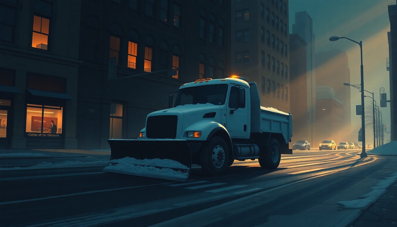A serene oil painting of a lone snow plow truck parked on an empty urban street, with warm sunlight casting long shadows across the scene, conveying a sense of contemplation and the challenges of municipal snow removal.