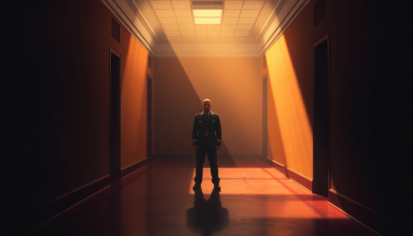 A moody, cinematic painting depicting a lone military officer standing in a shadowy Pentagon hallway, the warm light casting dramatic shadows and highlighting the solitary, contemplative nature of the scene.