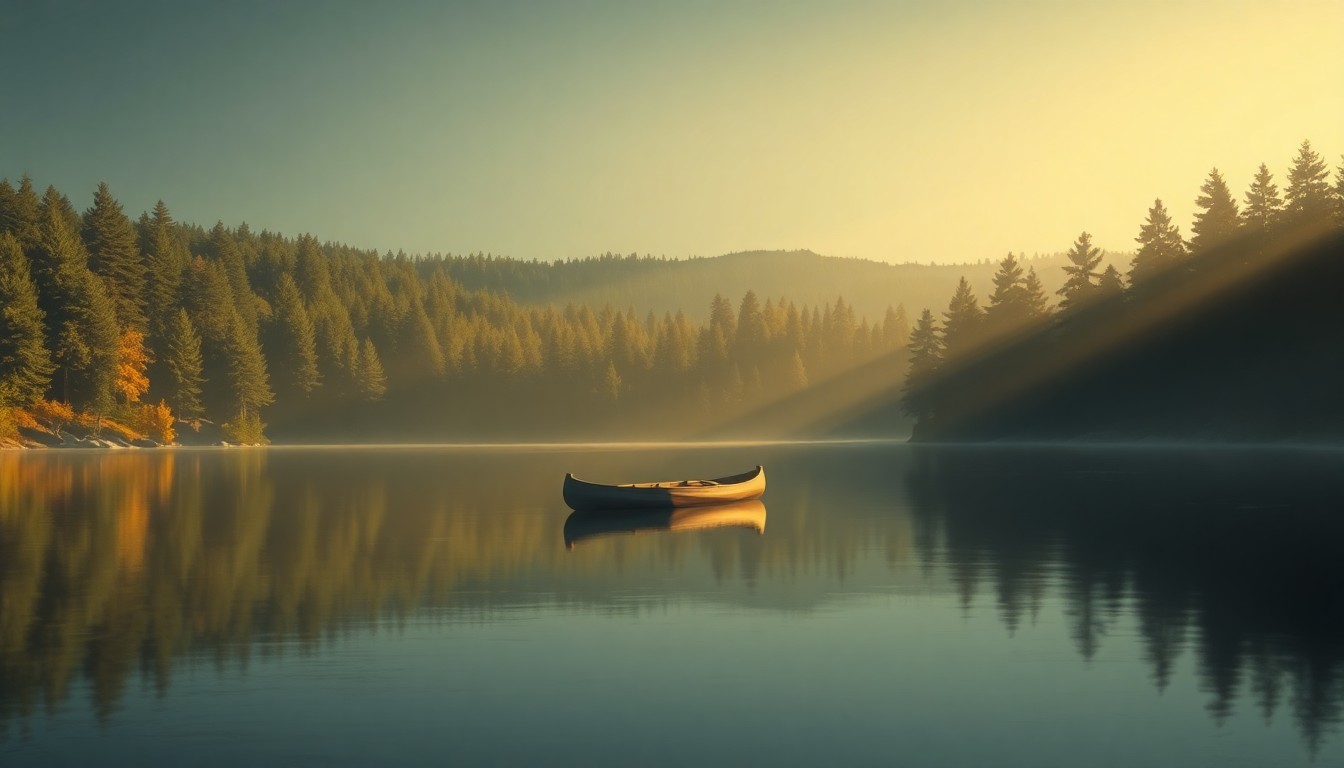 A serene landscape painting of a lone canoe floating on a still lake surrounded by dense pine forests, with warm sunlight and deep shadows creating a contemplative mood.