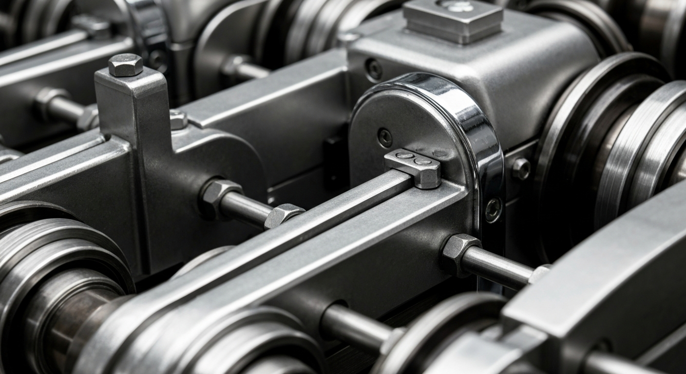 An extreme close-up photograph of complex, metallic banking machinery in shades of silver and steel, conveying a sense of institutional strength and financial security.