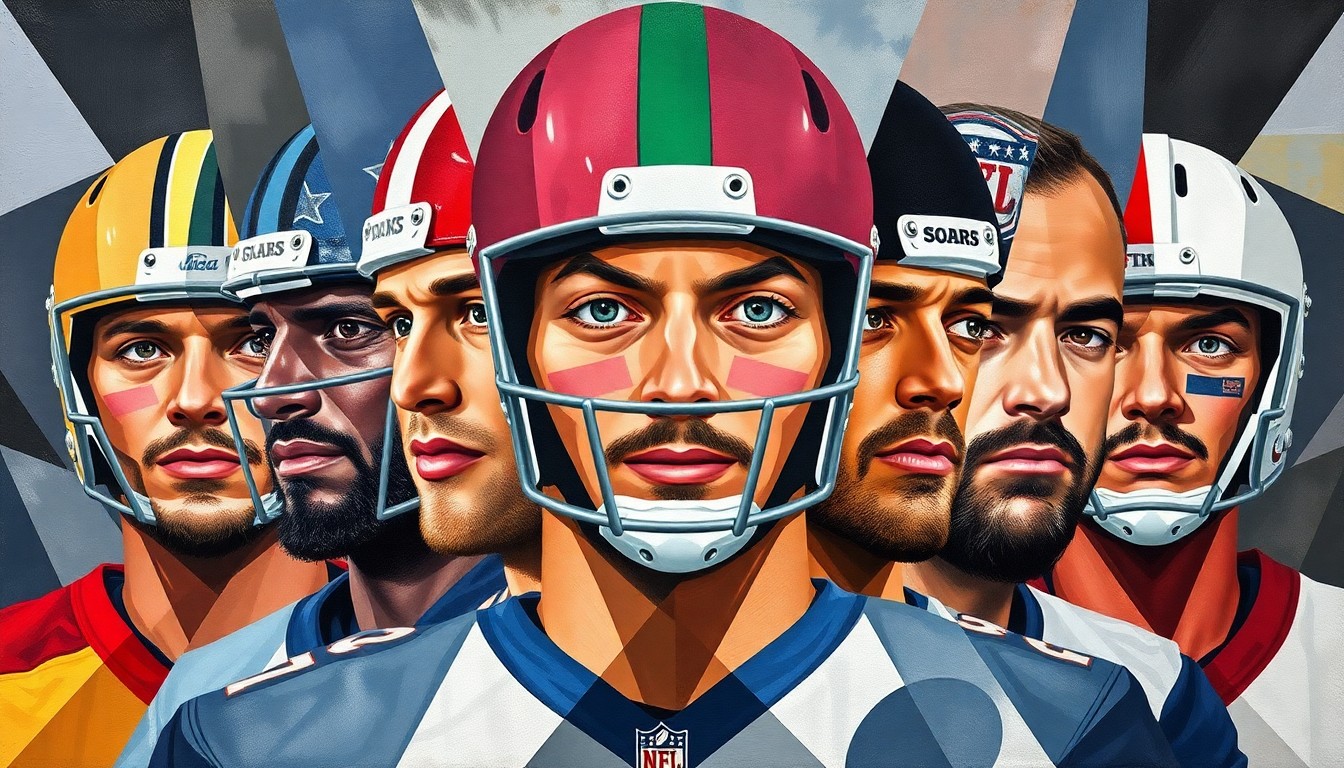 A fractured, cubist-style painting depicting the 2026 NFL Draft quarterback prospects as abstract geometric shapes and planes of color, capturing the uncertainty and unpredictability of this year's class.