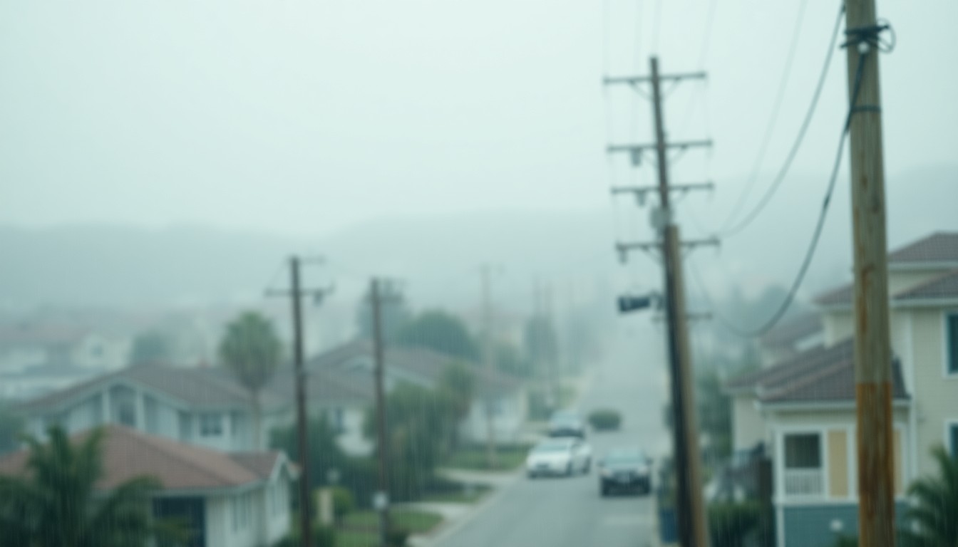 An atmospheric, out-of-focus photograph of a residential neighborhood, with power lines and utility poles visible through a hazy, rain-streaked lens, conveying a sense of the everyday beauty and underlying risks faced by the community.