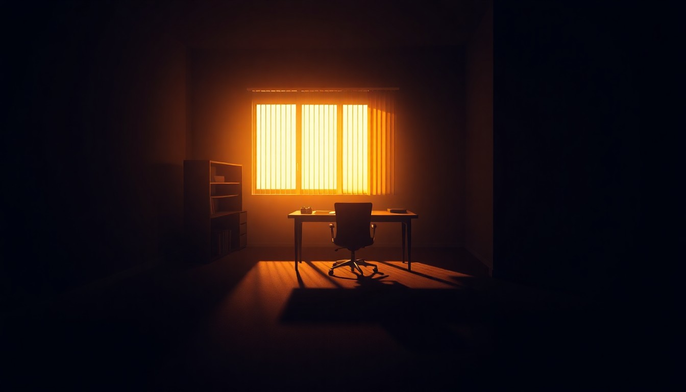 A dimly lit office space with a single desk and chair, bathed in warm, golden light streaming through a window, evoking a sense of quiet contemplation.
