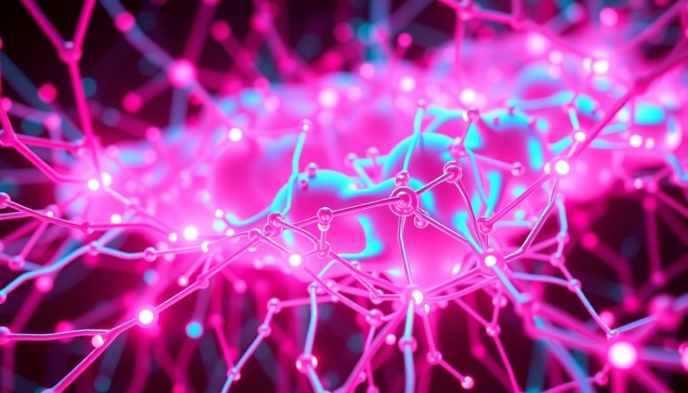 A highly detailed, glowing 3D illustration of a complex, futuristic-looking neural network or AI infrastructure, rendered in a neon color palette of cyan and magenta, conceptually representing the advanced technology powering intelligent systems.