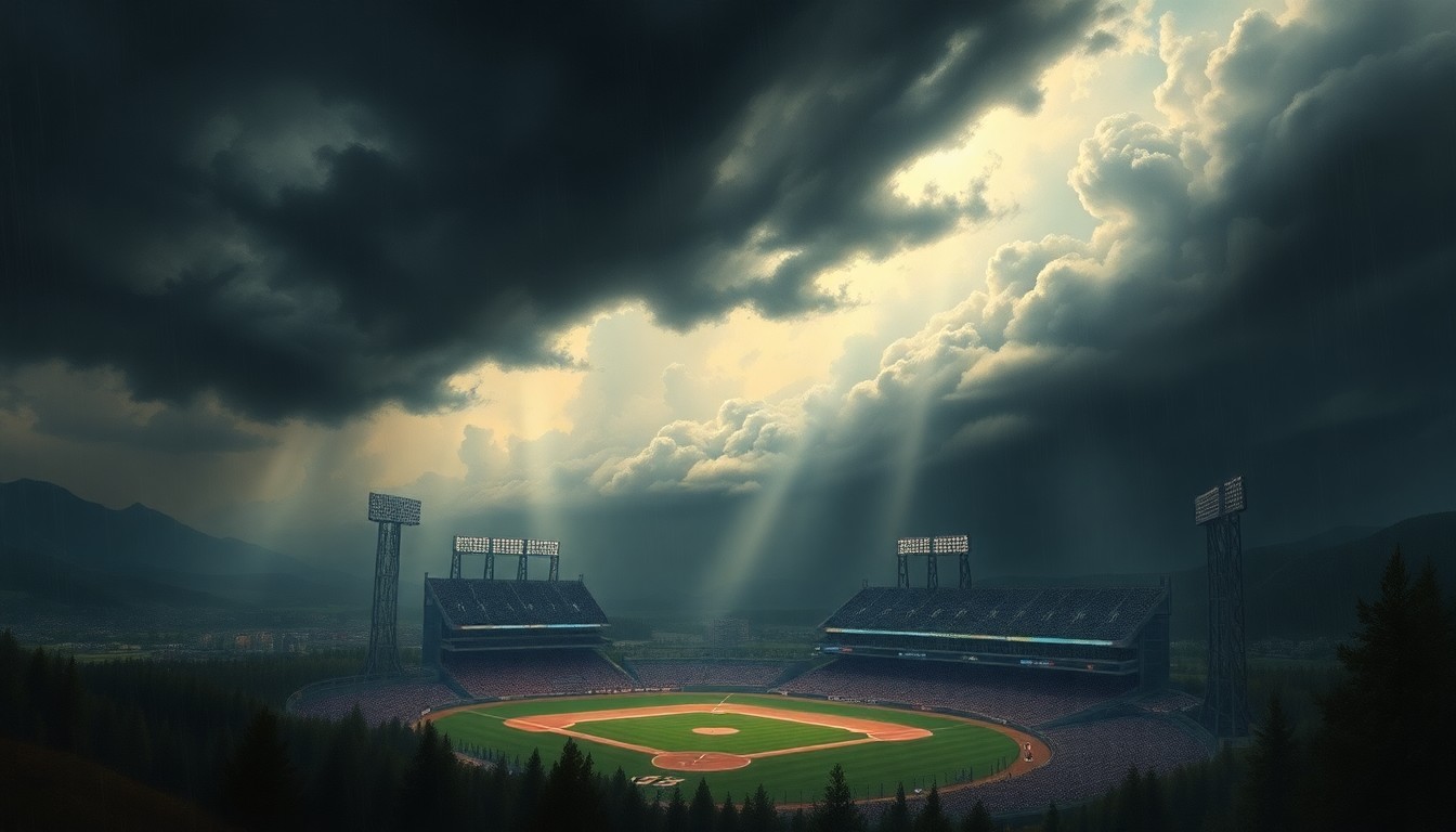 A vast, majestic landscape painting featuring a dramatic, stormy sky with dark clouds and heavy rain dwarfing a small baseball stadium in the distance, conveying the overwhelming power of nature.