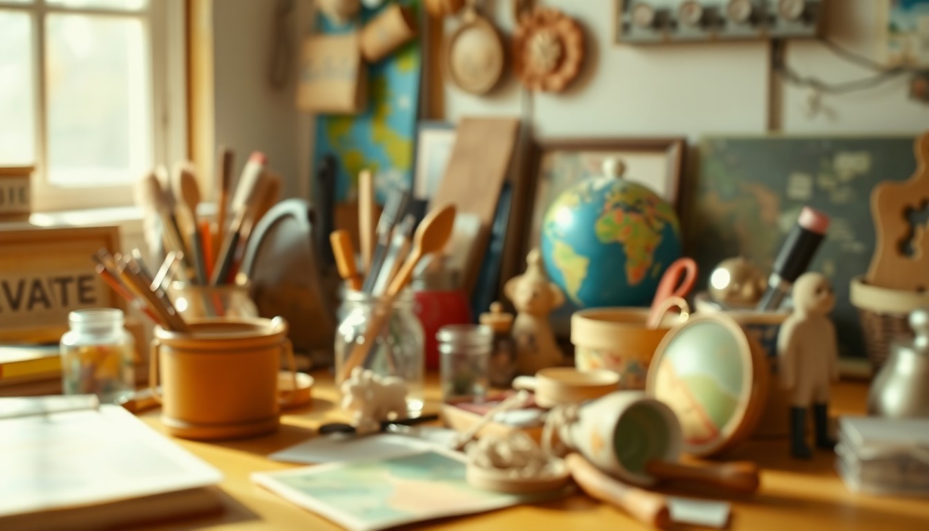 An abstract, out-of-focus photograph in warm, hazy tones depicting art supplies, gardening tools, and travel mementos, conceptually representing the multifaceted life and interests of Gloria Sandoval.