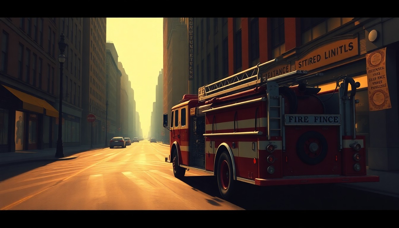 A photorealistic painting of an old red fire engine parked on a quiet, shadowy city street, capturing the contemplative mood around the proposed fire department merger.