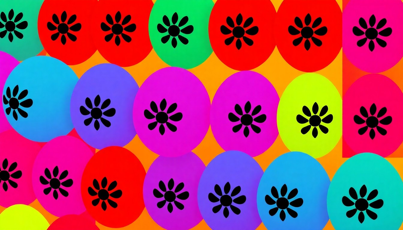 A high-contrast, neon-colored silkscreen print of a single Yazidi egg symbol repeated in a tight grid pattern, conveying the celebratory spirit of the Yazidi new year through a modern pop art aesthetic.