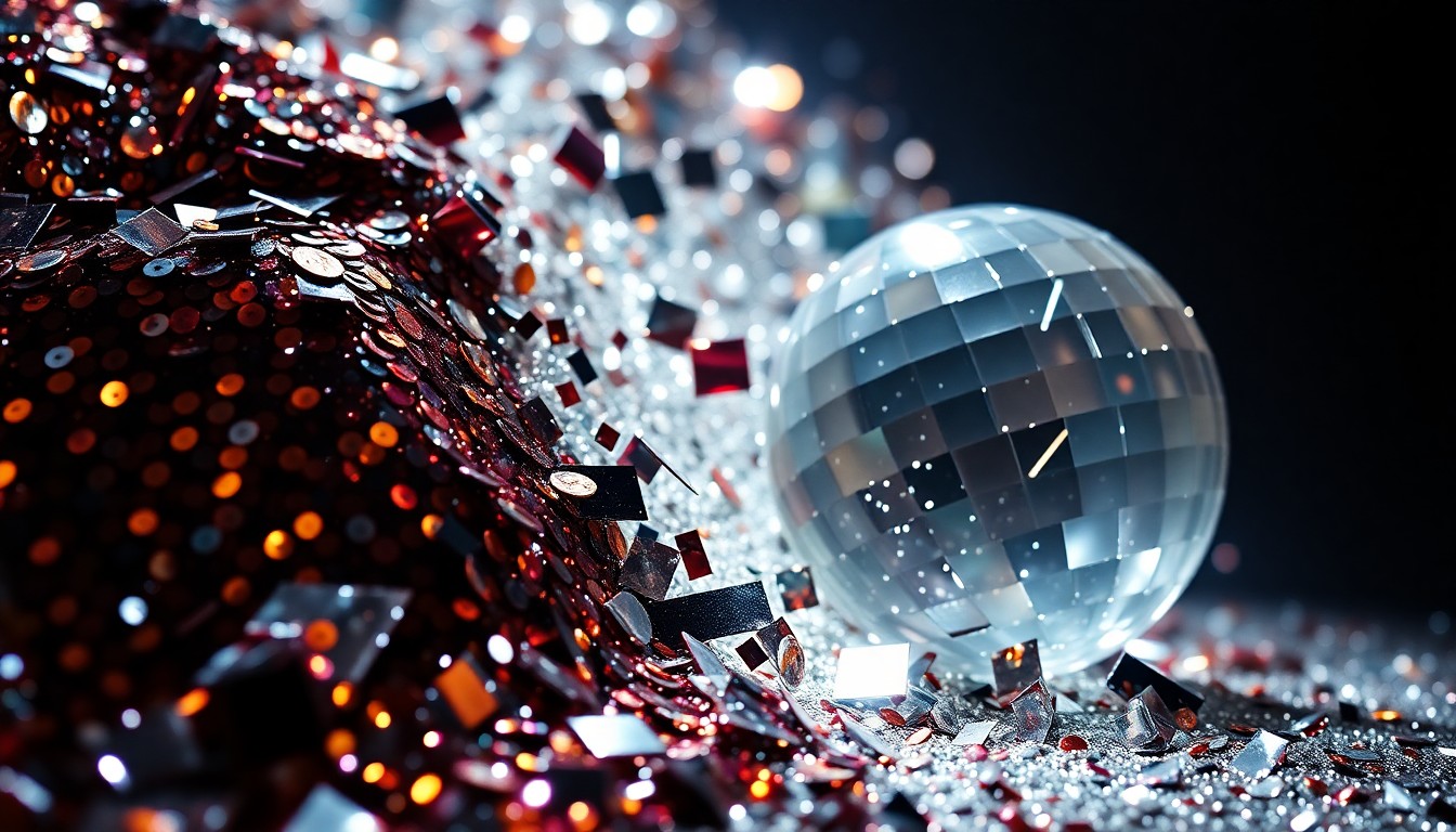 An extreme close-up photograph of shimmering sequins and shattered glass, capturing the glitz and glamour of a major R&B concert tour.