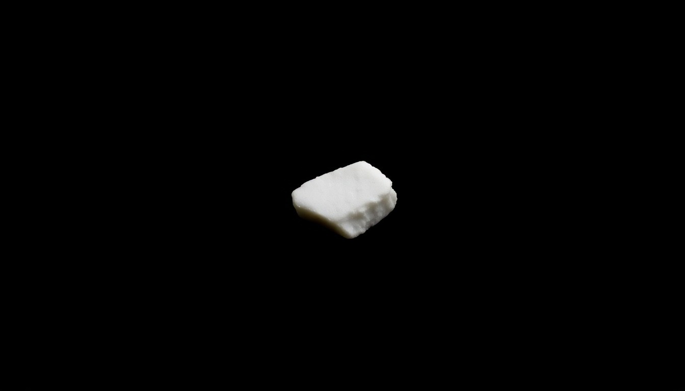 An extreme close-up photograph of a small white rock against a pitch-black background, conceptually representing the fatal dose of fentanyl that led to the toddler's overdose death.