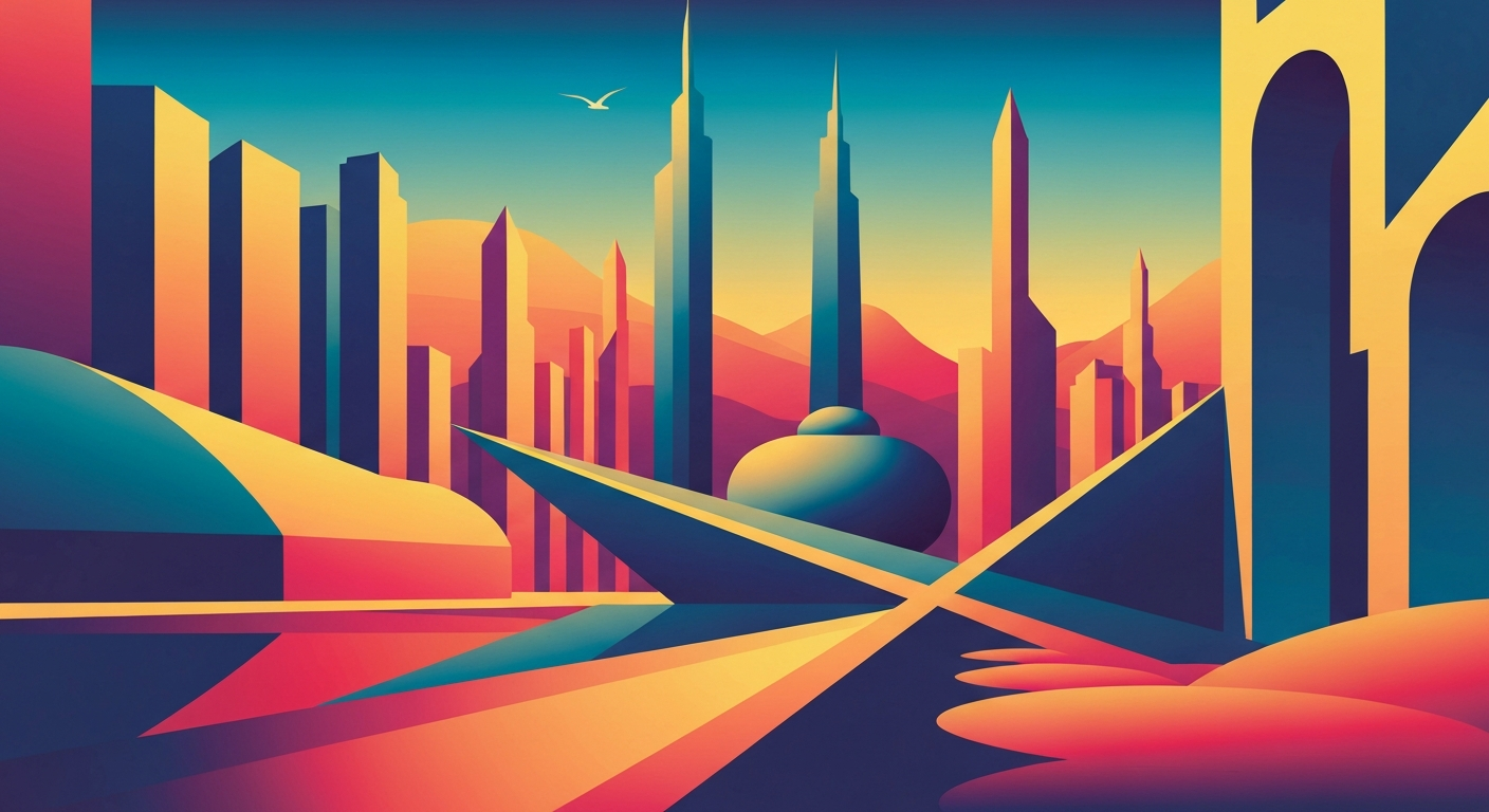 A conceptual illustration in the Art Deco Monumentalist style, featuring sweeping geometric forms and gradients in shades of blue and orange, conveying the grand scale and disruption facing the air travel industry due to jet fuel shortages.